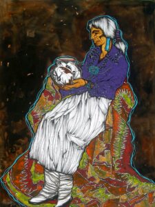 Painting of an Indigenous woman with gray hair tied into a ponytail. She is sitting on a patterend shape holding a pot painted with a road runner in and other traditional shapes. Her shirt is beautiful purple with a large turquoise pendant and her boots and skirt are a stark black and white pattern that contrasts.