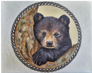 Doris John's Bear Cub acyrlic painting on rough paper with round patterned edge