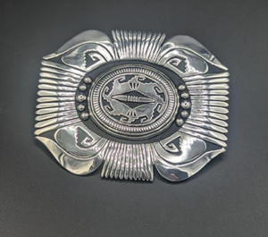 Mary Lou Begay's sterling silver belt buckle - square shape with rounded edges, stamped traditional design - highly textured