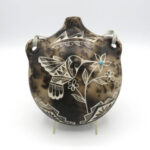 Marilyn Ray's etched hummingbird water canteen - horse hair pottery
