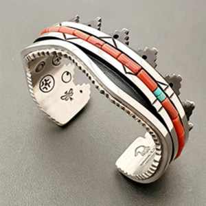 Aaron Brokeshoulder's sterling silver cuff with coral and turquoise inlay - stamped inside with intricate carving and patterns with oxidized channeling